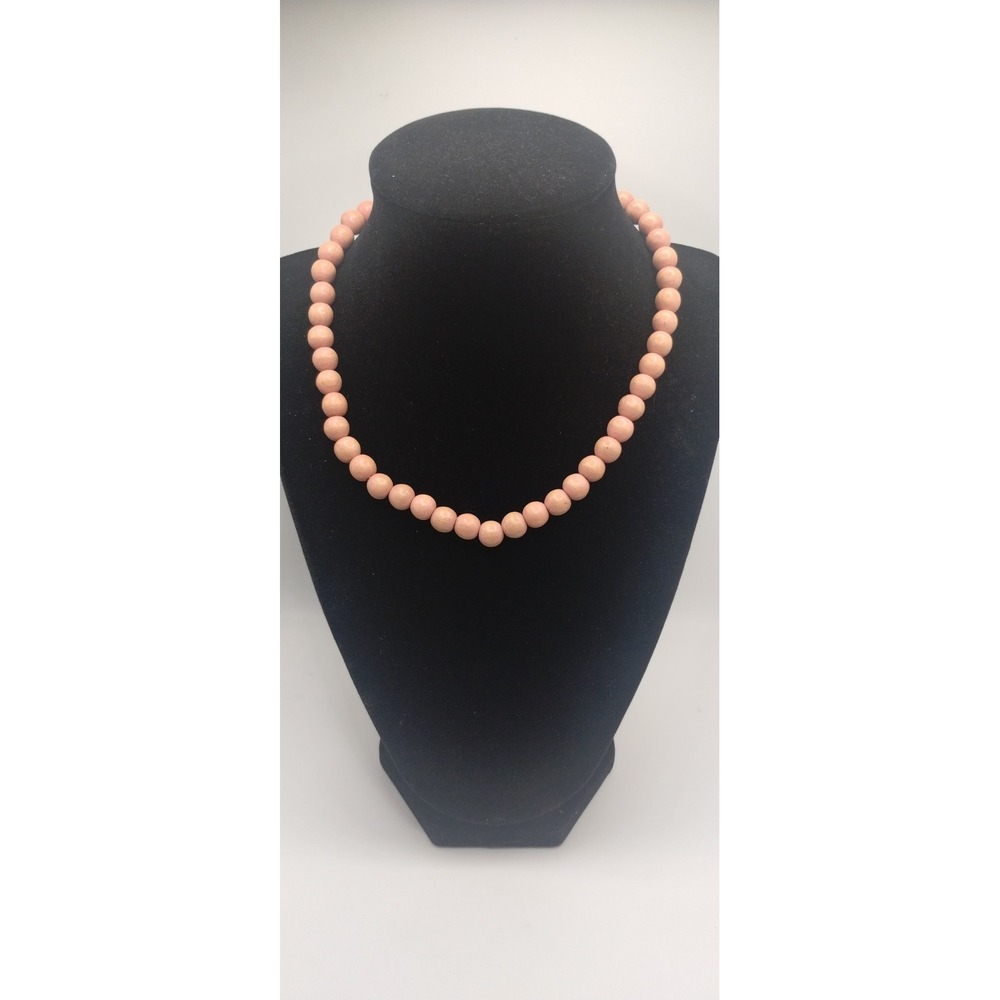 Vintage Peach Wooden Round Bead Strand Necklace 18 Inch Boho Natural Earthy
